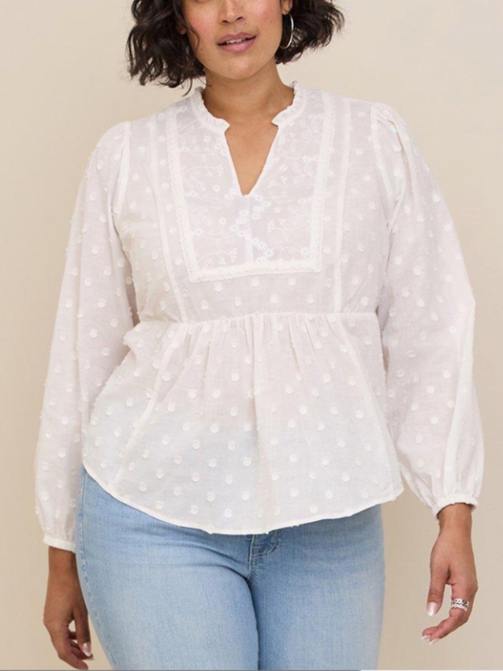 Torrid - Clip Dot Mixed Eyelet Yoke Detail White Cotton Long Sleeve Top - 3X